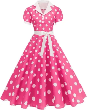 Women's Vintage Polka Dot A Line Dress Notched Collar Short Sleeve Belted 1950S 60S Style Elegant Dress