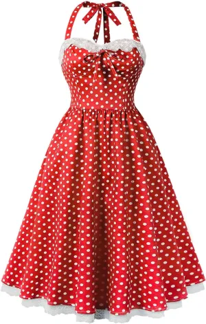 Women’s Vintage Polka Dot Rockabilly Dresses Sexy Halter Neck Retro 50s Cocktail Evening Party Lace Midi Dress