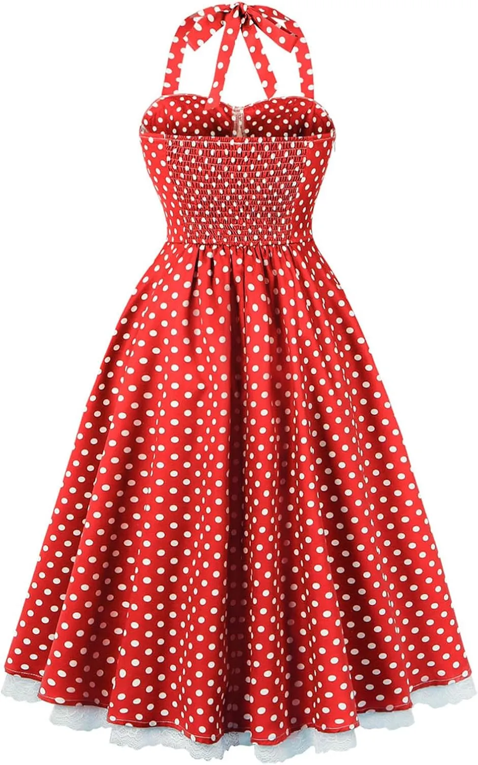 Women’s Vintage Polka Dot Rockabilly Dresses Sexy Halter Neck Retro 50s Cocktail Evening Party Lace Midi Dress