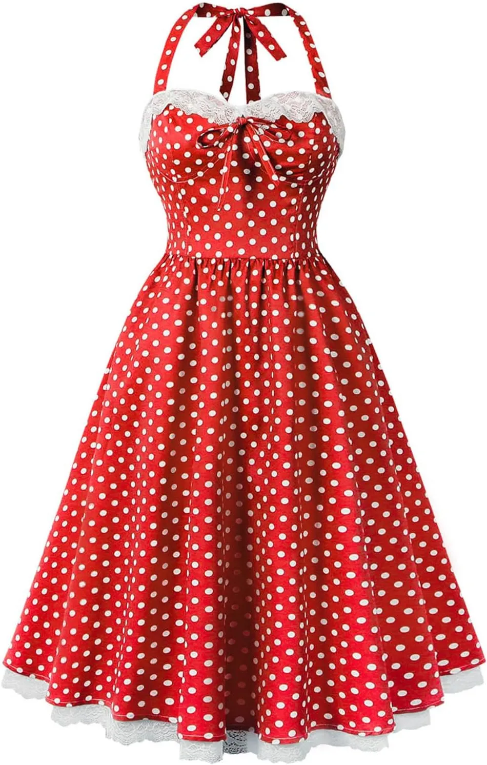 Women’s Vintage Polka Dot Rockabilly Dresses Sexy Halter Neck Retro 50s Cocktail Evening Party Lace Midi Dress