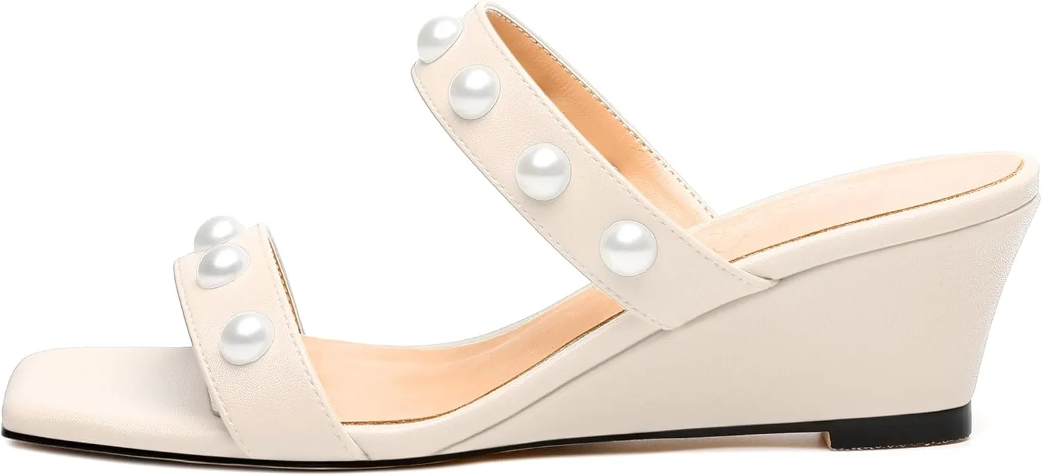 Womens Wedge Mid Heel Sandals, Open Toe Double Strap Leather Insole Sandals for Women, Slip-on Sandals with Pearls 2"