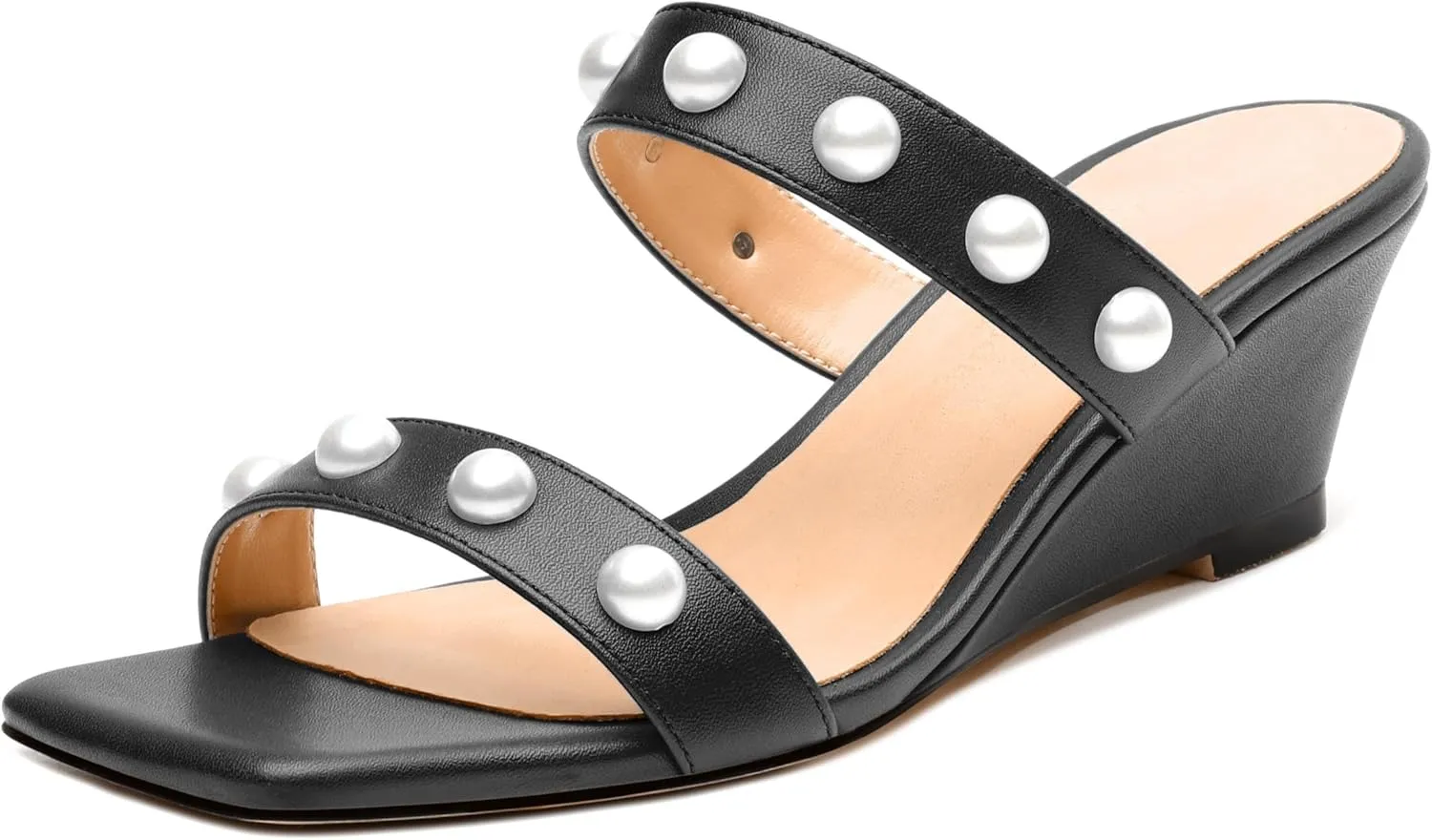 Womens Wedge Mid Heel Sandals, Open Toe Double Strap Leather Insole Sandals for Women, Slip-on Sandals with Pearls 2"