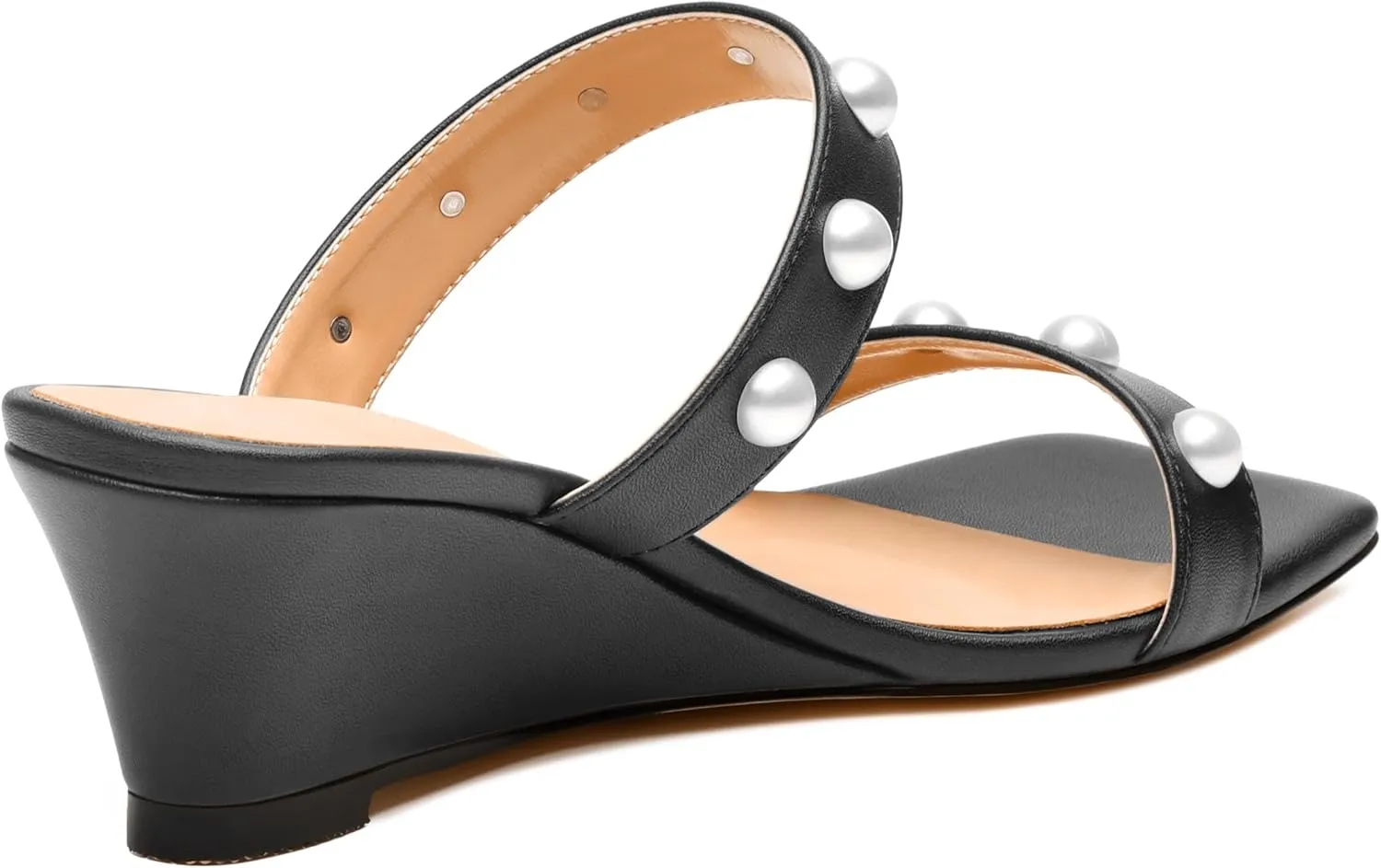 Womens Wedge Mid Heel Sandals, Open Toe Double Strap Leather Insole Sandals for Women, Slip-on Sandals with Pearls 2"
