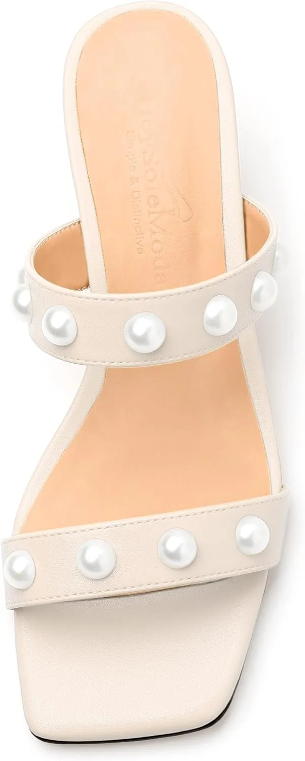 Womens Wedge Mid Heel Sandals, Open Toe Double Strap Leather Insole Sandals for Women, Slip-on Sandals with Pearls 2"