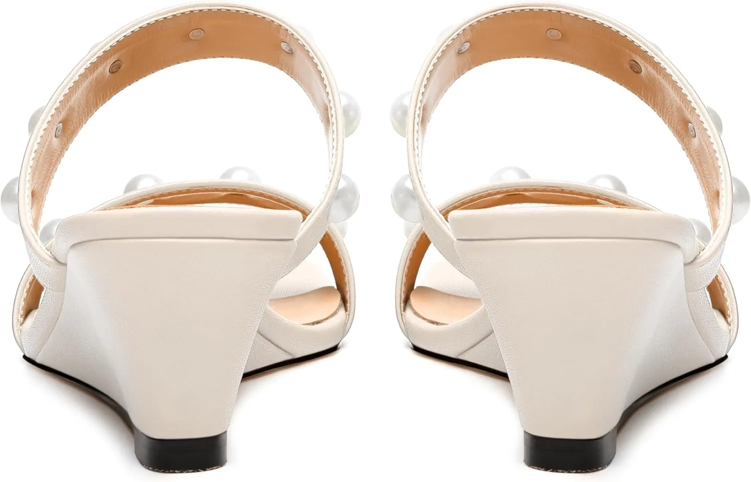 Womens Wedge Mid Heel Sandals, Open Toe Double Strap Leather Insole Sandals for Women, Slip-on Sandals with Pearls 2"