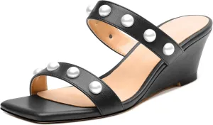 Womens Wedge Mid Heel Sandals, Open Toe Double Strap Leather Insole Sandals for Women, Slip-on Sandals with Pearls 2"