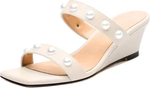 Womens Wedge Mid Heel Sandals, Open Toe Double Strap Leather Insole Sandals for Women, Slip-on Sandals with Pearls 2"