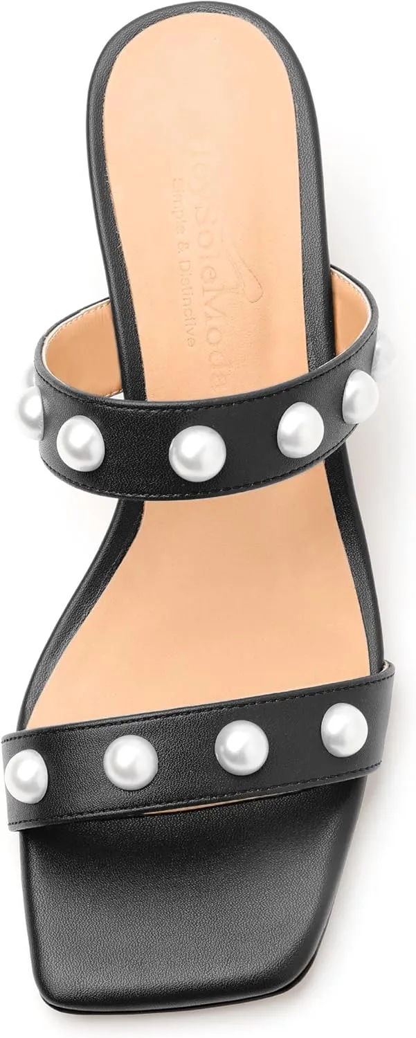 Womens Wedge Mid Heel Sandals, Open Toe Double Strap Leather Insole Sandals for Women, Slip-on Sandals with Pearls 2"