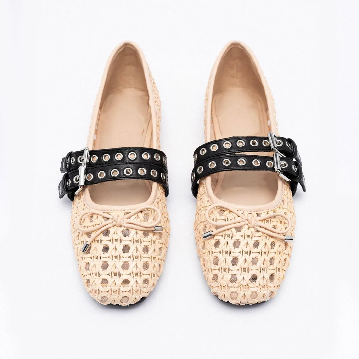 Woven Mary Jane Flats for Women Comfortable Breathable Woven Fabric Mesh Ballet Shoes with Decorative Bow Adjustable Instep Buckle Straps Casual Elegant Slip-On Flats