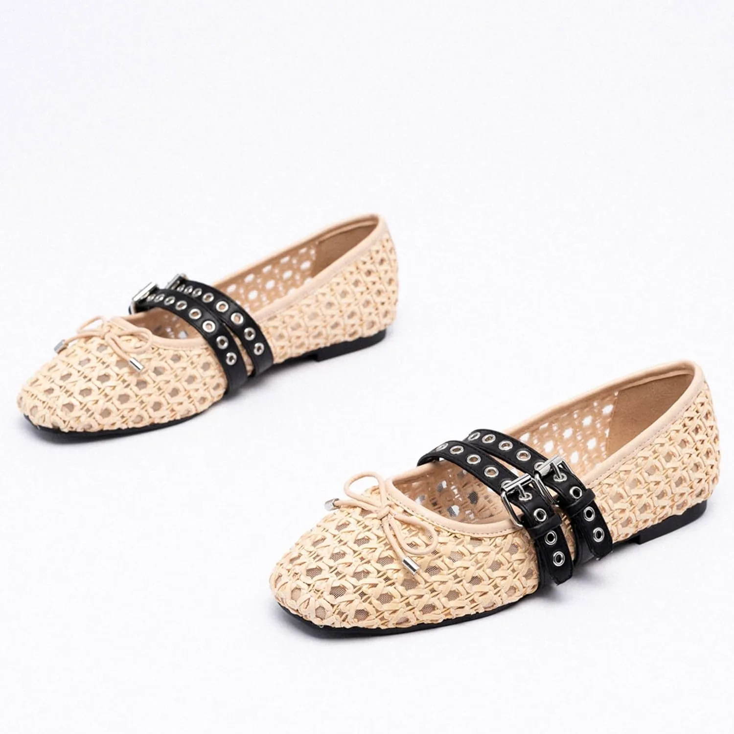 Woven Mary Jane Flats for Women Comfortable Breathable Woven Fabric Mesh Ballet Shoes with Decorative Bow Adjustable Instep Buckle Straps Casual Elegant Slip-On Flats