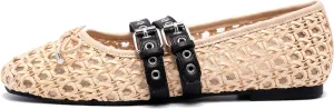 Woven Mary Jane Flats for Women Comfortable Breathable Woven Fabric Mesh Ballet Shoes with Decorative Bow Adjustable Instep Buckle Straps Casual Elegant Slip-On Flats