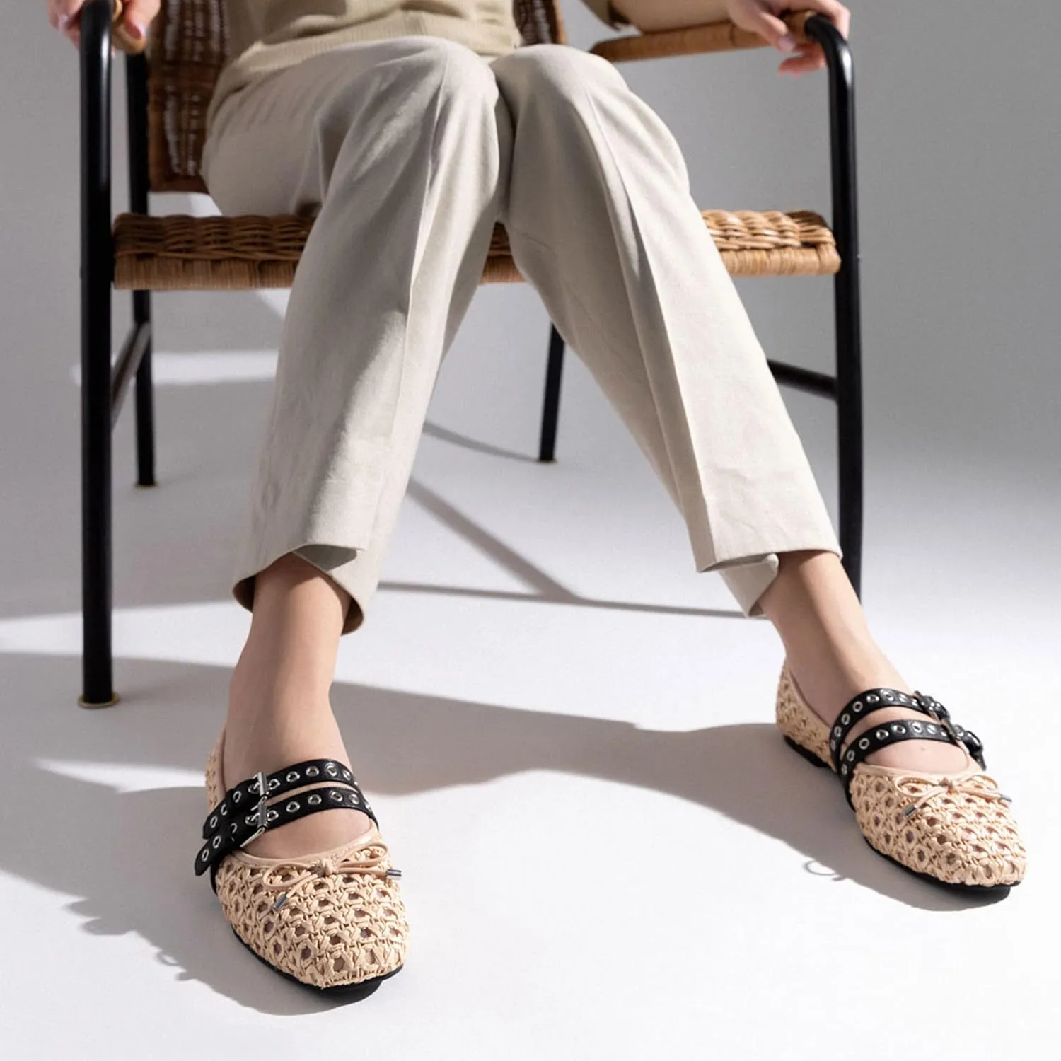Woven Mary Jane Flats for Women Comfortable Breathable Woven Fabric Mesh Ballet Shoes with Decorative Bow Adjustable Instep Buckle Straps Casual Elegant Slip-On Flats