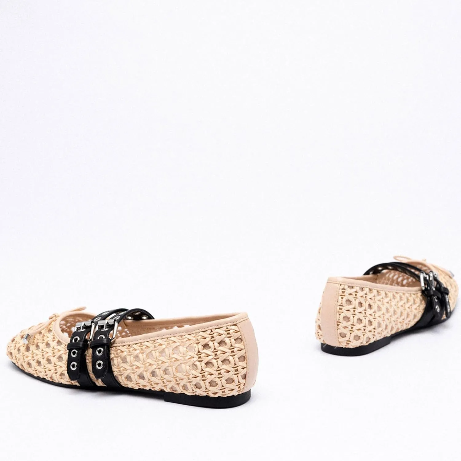 Woven Mary Jane Flats for Women Comfortable Breathable Woven Fabric Mesh Ballet Shoes with Decorative Bow Adjustable Instep Buckle Straps Casual Elegant Slip-On Flats