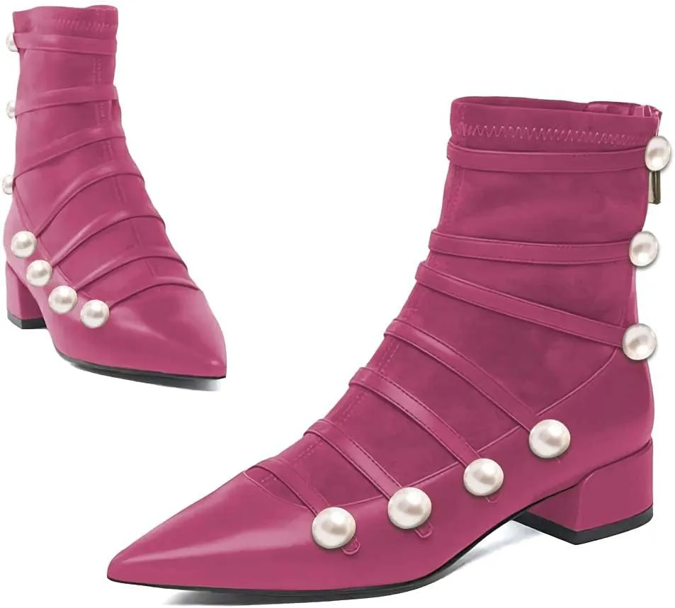 XYD Ankle Boots for Women Flats Slouchy Chic Pointed Toe Strappy Pearls Low Heel Back Zipper Dress Booties Shoes