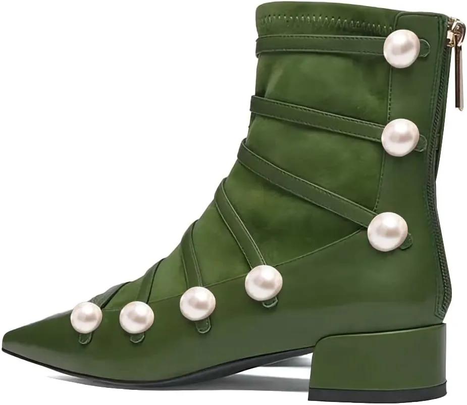XYD Ankle Boots for Women Flats Slouchy Chic Pointed Toe Strappy Pearls Low Heel Back Zipper Dress Booties Shoes