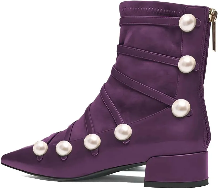 XYD Ankle Boots for Women Flats Slouchy Chic Pointed Toe Strappy Pearls Low Heel Back Zipper Dress Booties Shoes