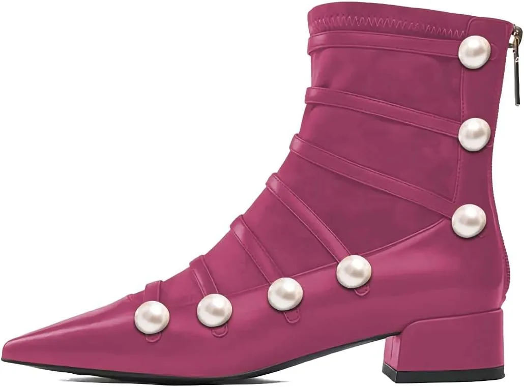 XYD Ankle Boots for Women Flats Slouchy Chic Pointed Toe Strappy Pearls Low Heel Back Zipper Dress Booties Shoes