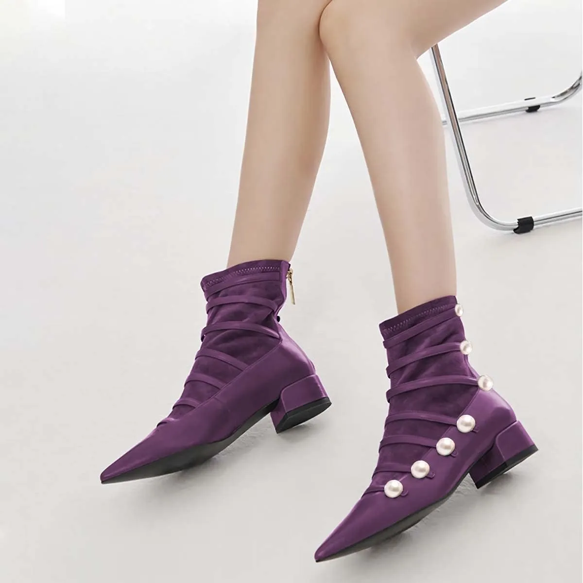 XYD Ankle Boots for Women Flats Slouchy Chic Pointed Toe Strappy Pearls Low Heel Back Zipper Dress Booties Shoes