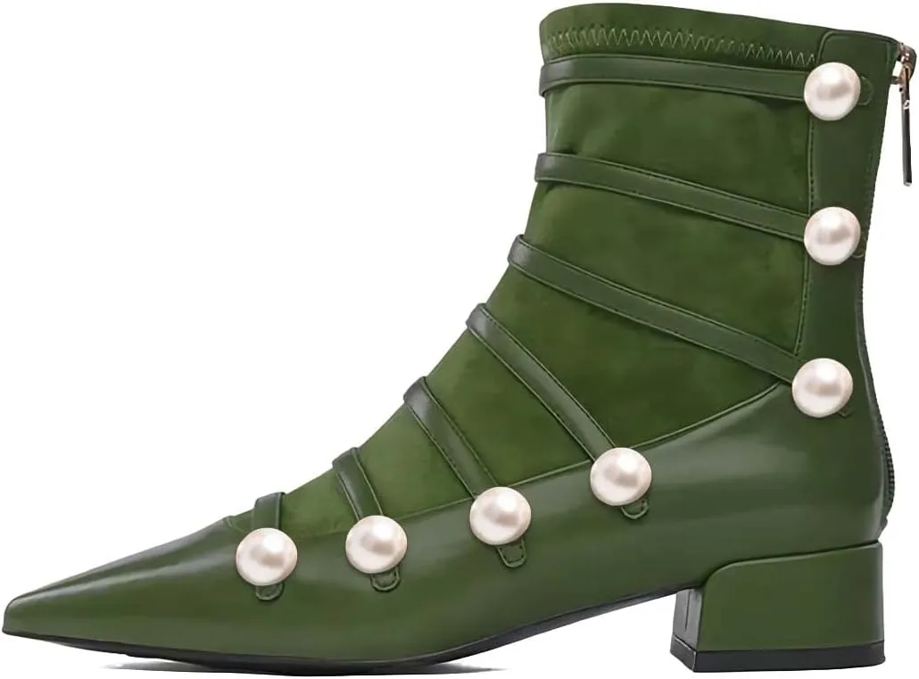 XYD Ankle Boots for Women Flats Slouchy Chic Pointed Toe Strappy Pearls Low Heel Back Zipper Dress Booties Shoes