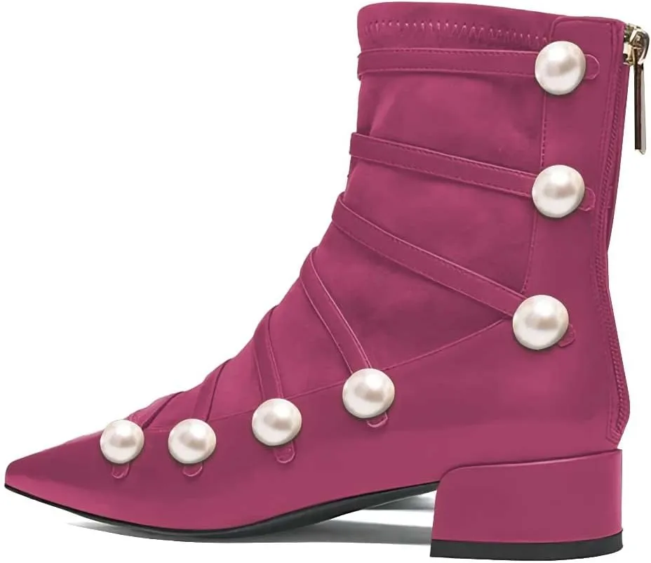 XYD Ankle Boots for Women Flats Slouchy Chic Pointed Toe Strappy Pearls Low Heel Back Zipper Dress Booties Shoes