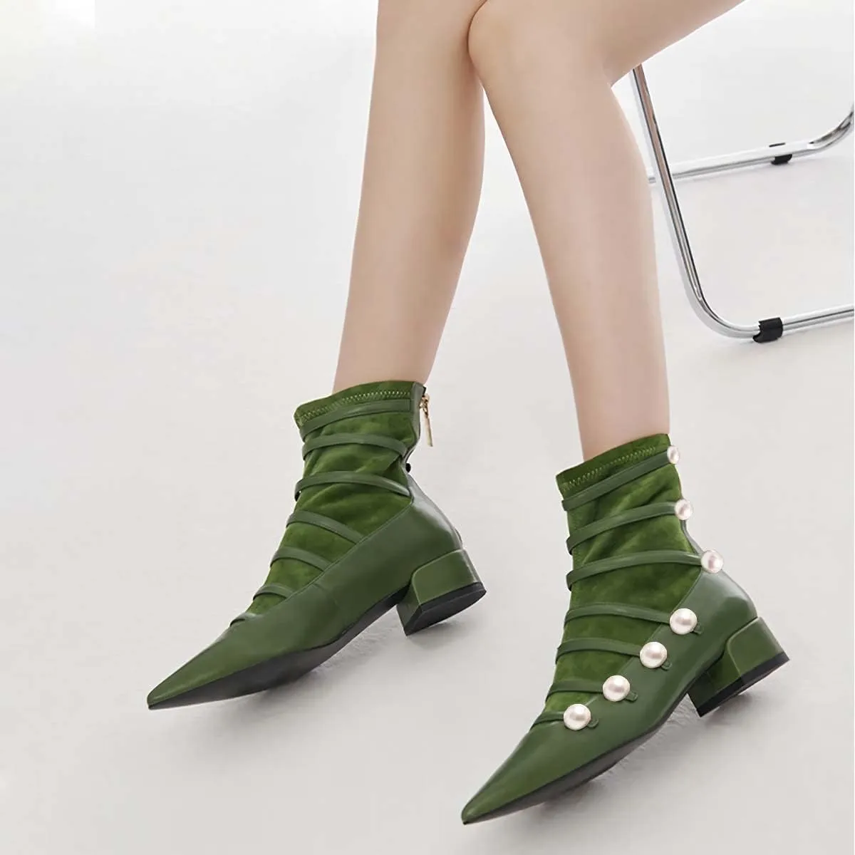 XYD Ankle Boots for Women Flats Slouchy Chic Pointed Toe Strappy Pearls Low Heel Back Zipper Dress Booties Shoes