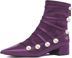 XYD Ankle Boots for Women Flats Slouchy Chic Pointed Toe Strappy Pearls Low Heel Back Zipper Dress Booties Shoes