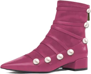 XYD Ankle Boots for Women Flats Slouchy Chic Pointed Toe Strappy Pearls Low Heel Back Zipper Dress Booties Shoes