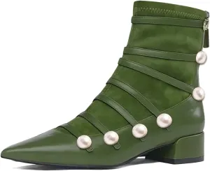XYD Ankle Boots for Women Flats Slouchy Chic Pointed Toe Strappy Pearls Low Heel Back Zipper Dress Booties Shoes