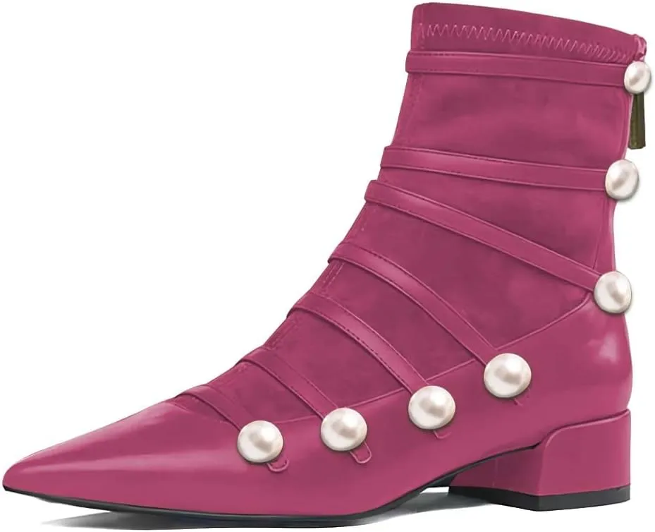 XYD Ankle Boots for Women Flats Slouchy Chic Pointed Toe Strappy Pearls Low Heel Back Zipper Dress Booties Shoes