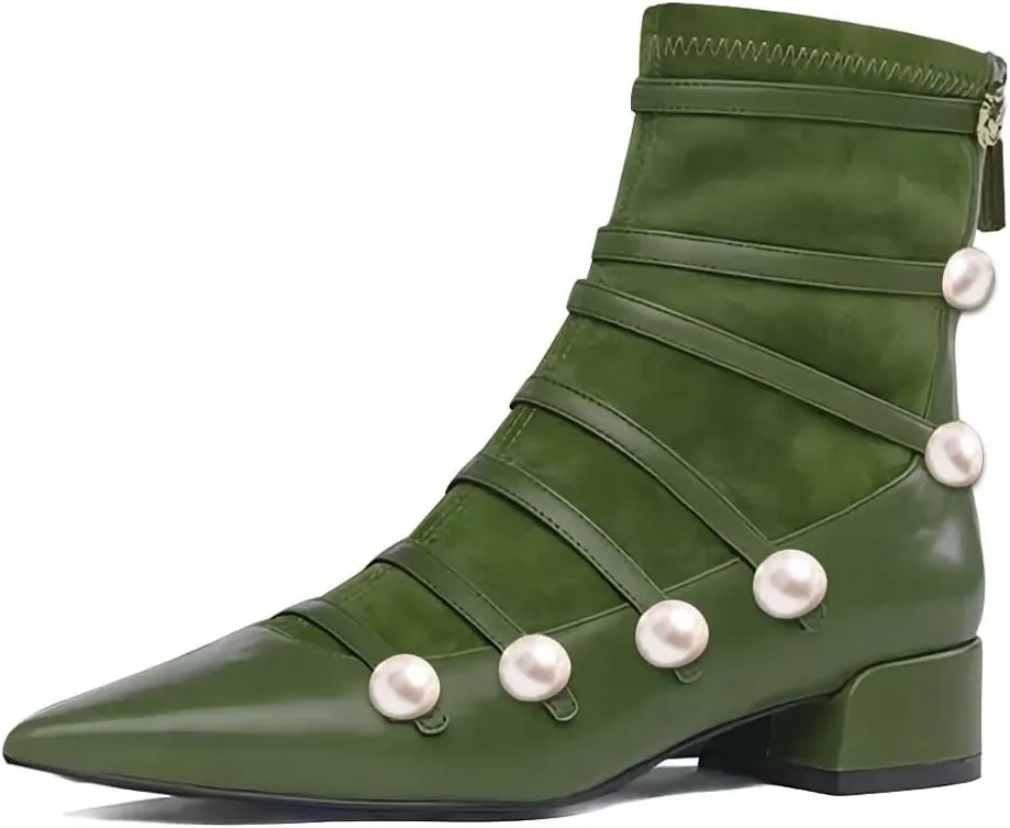 XYD Ankle Boots for Women Flats Slouchy Chic Pointed Toe Strappy Pearls Low Heel Back Zipper Dress Booties Shoes