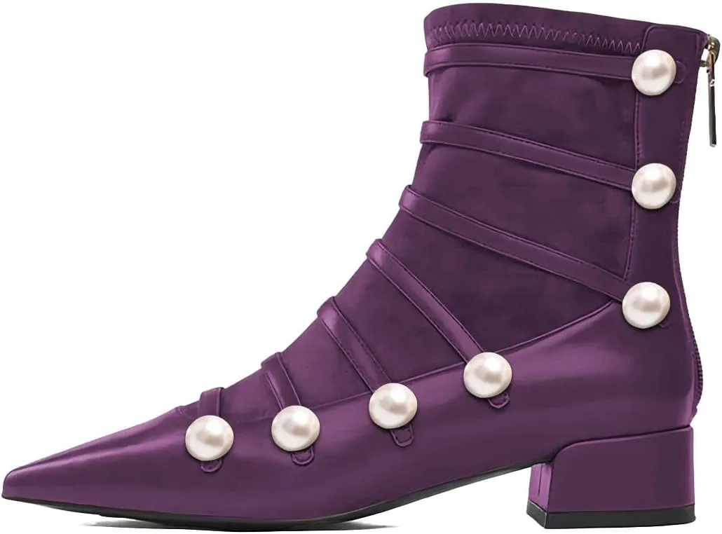 XYD Ankle Boots for Women Flats Slouchy Chic Pointed Toe Strappy Pearls Low Heel Back Zipper Dress Booties Shoes