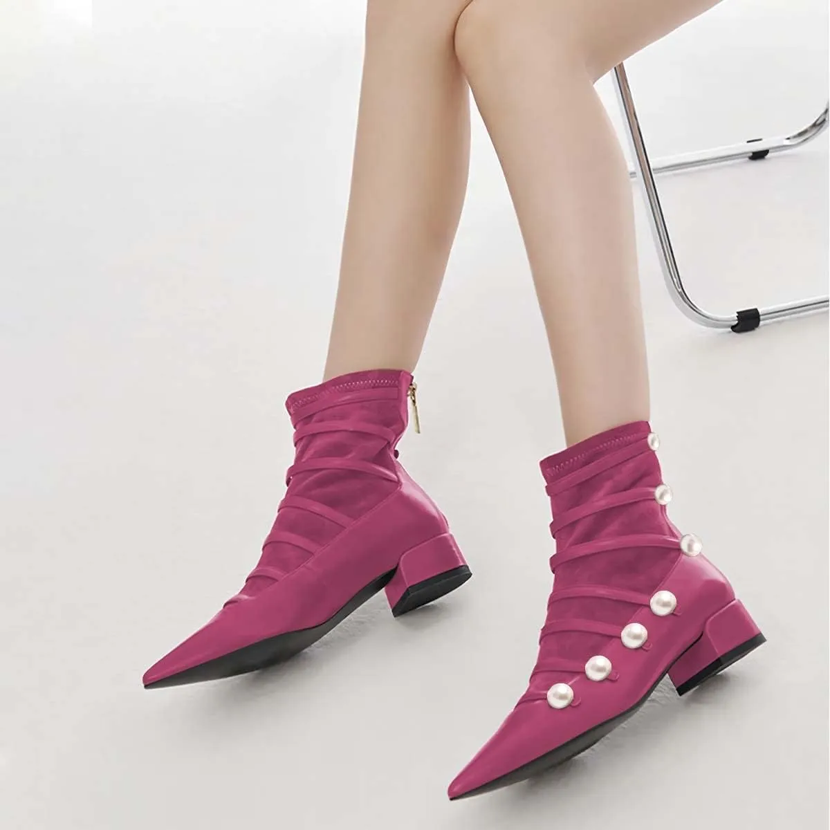 XYD Ankle Boots for Women Flats Slouchy Chic Pointed Toe Strappy Pearls Low Heel Back Zipper Dress Booties Shoes