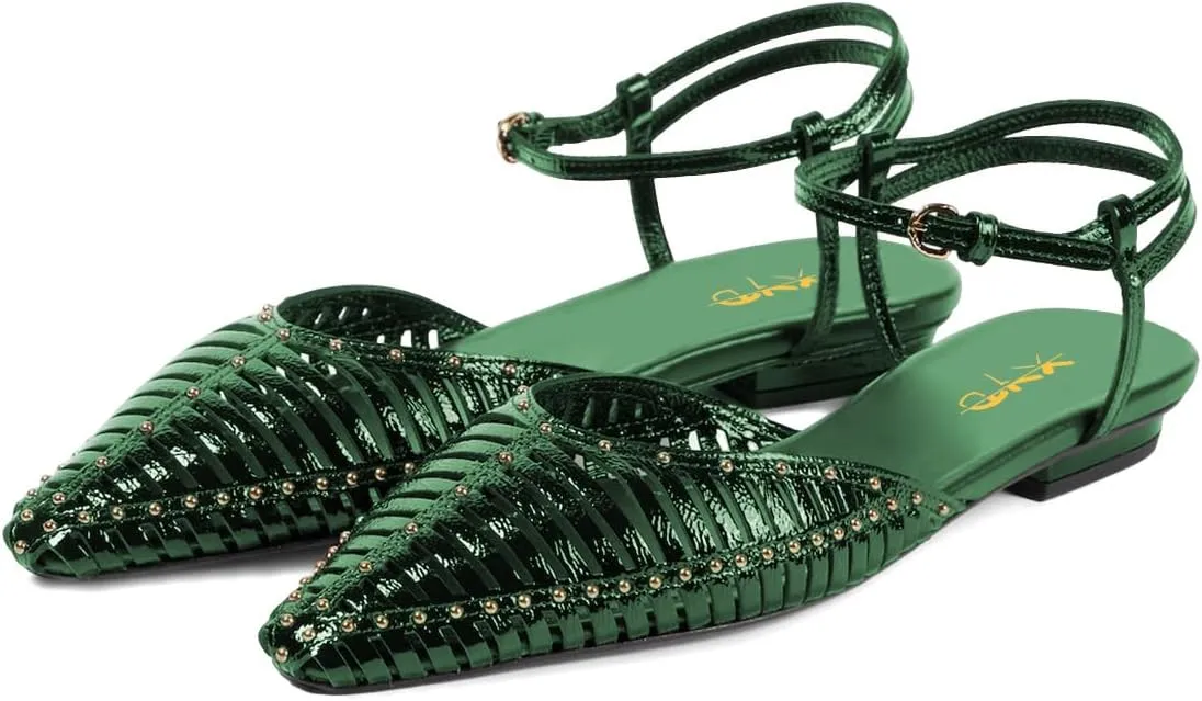 XYD Women Ankle Strappy Flats with Studs Pointed Caged Toe Roma Sandals Low Heel Chic Casual Shoes