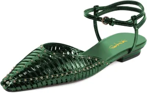 XYD Women Ankle Strappy Flats with Studs Pointed Caged Toe Roma Sandals Low Heel Chic Casual Shoes