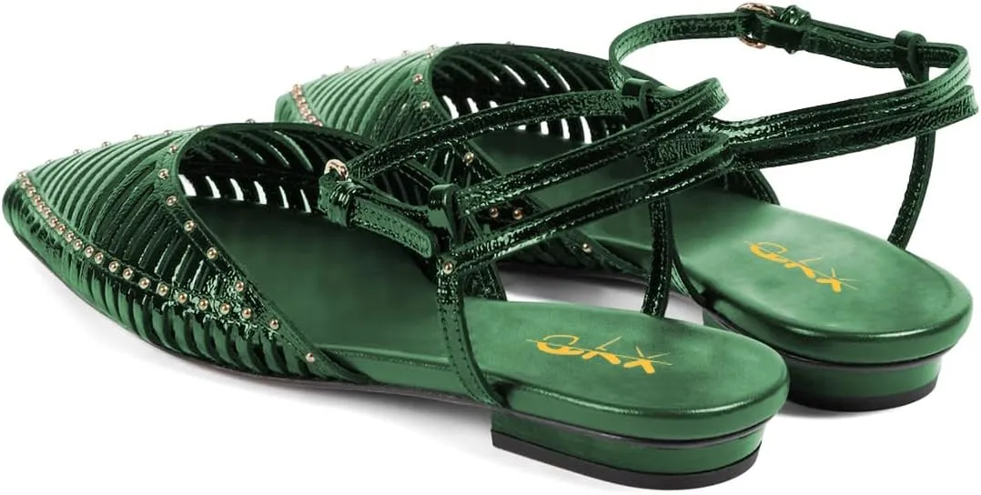 XYD Women Ankle Strappy Flats with Studs Pointed Caged Toe Roma Sandals Low Heel Chic Casual Shoes
