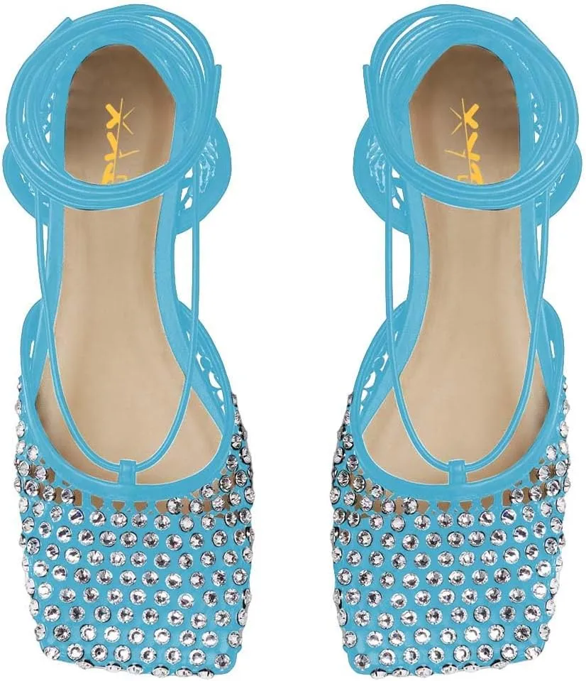 XYD Women Closed Square Toe Studded Flats Sandals Mesh D'Orsay Ankle Strap Slip On Prom Dance Ballroom Dress Shoes