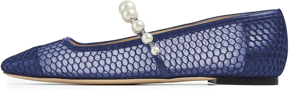 XYD Women Fashion Bead Strap Ballet Flats Square Toe Mary Jane Slip On Sandals Comfortable Walking Dress Shoes