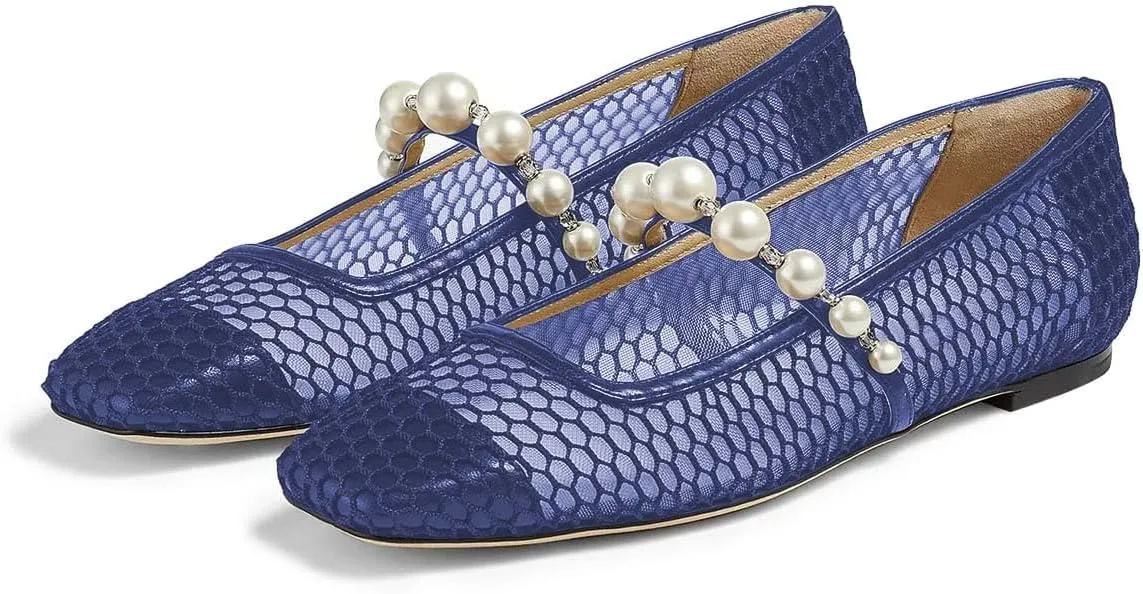XYD Women Fashion Bead Strap Ballet Flats Square Toe Mary Jane Slip On Sandals Comfortable Walking Dress Shoes
