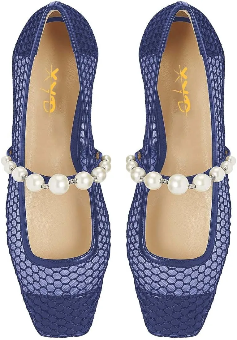 XYD Women Fashion Bead Strap Ballet Flats Square Toe Mary Jane Slip On Sandals Comfortable Walking Dress Shoes