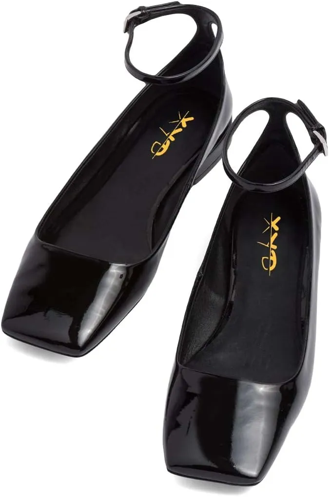 XYD Women Girls Closed Square Toe Flats Ankle Skinny Strap Buckle Glossy Chic Low Heel Casual Dress Shoes