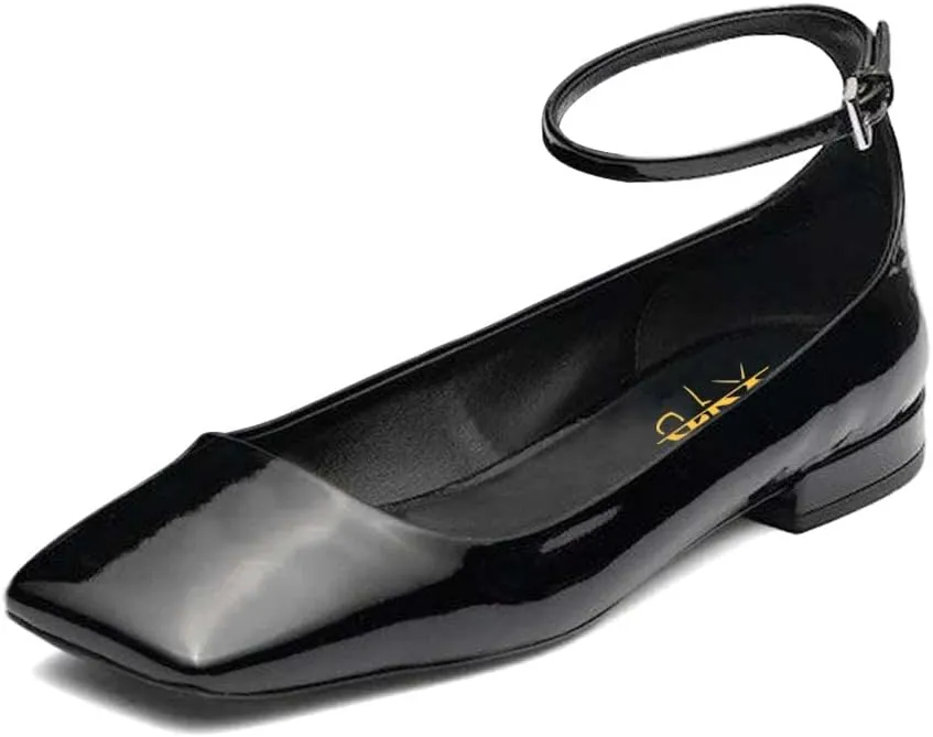 XYD Women Girls Closed Square Toe Flats Ankle Skinny Strap Buckle Glossy Chic Low Heel Casual Dress Shoes