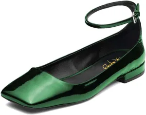 XYD Women Girls Closed Square Toe Flats Ankle Skinny Strap Buckle Glossy Chic Low Heel Casual Dress Shoes