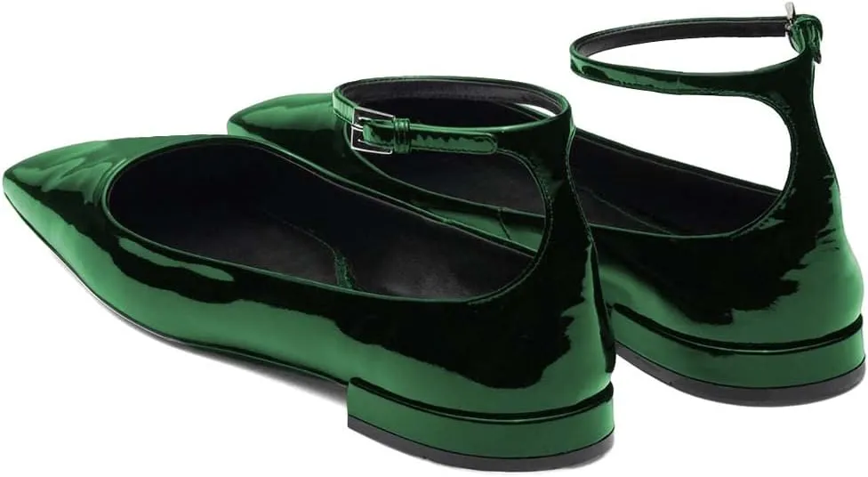 XYD Women Girls Closed Square Toe Flats Ankle Skinny Strap Buckle Glossy Chic Low Heel Casual Dress Shoes