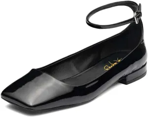 XYD Women Girls Closed Square Toe Flats Ankle Skinny Strap Buckle Glossy Chic Low Heel Casual Dress Shoes