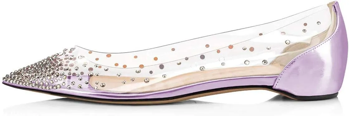 XYD Women Rhinestones Studded Ballet Flats Mesh Rivets Hidden Heels Slip On Pointed Toe Evening Dressy Shoes
