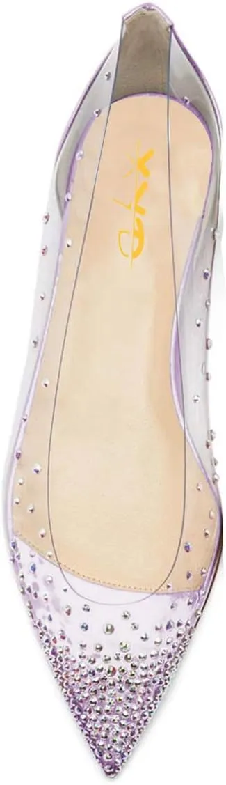 XYD Women Rhinestones Studded Ballet Flats Mesh Rivets Hidden Heels Slip On Pointed Toe Evening Dressy Shoes