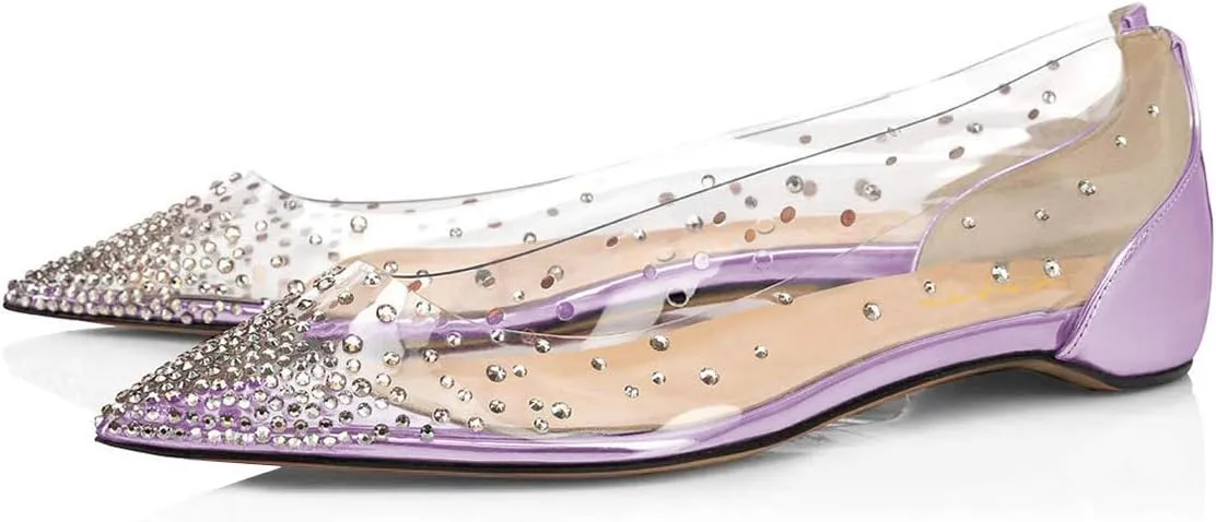 XYD Women Rhinestones Studded Ballet Flats Mesh Rivets Hidden Heels Slip On Pointed Toe Evening Dressy Shoes