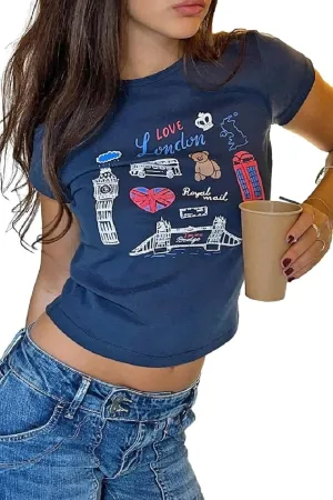 Y2k Baby Tees Women Short Sleeve Graphic Print Crop Tops E-Girls Vintage Aesthetic Tees Cute Summer Streetwear