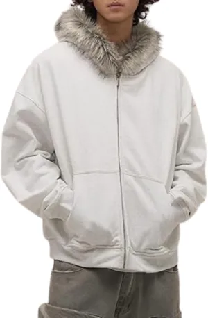 Y2k Zip Up Hoodie Fur Hooded Jacket Warm Winter Coat for Men Fur Collar Hoodies Streetwear Unisex Streetwear