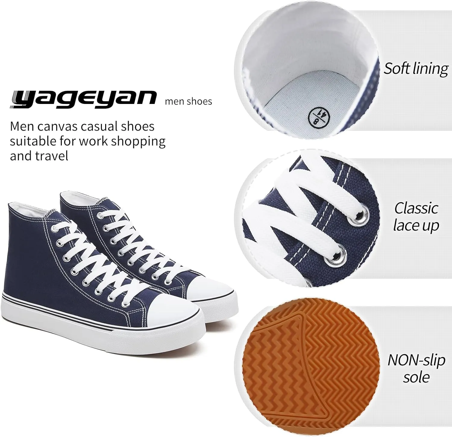 yageyan Men’s High Top Canvas Sneakers Fashion Lace up Walking Shoes Casual Classic